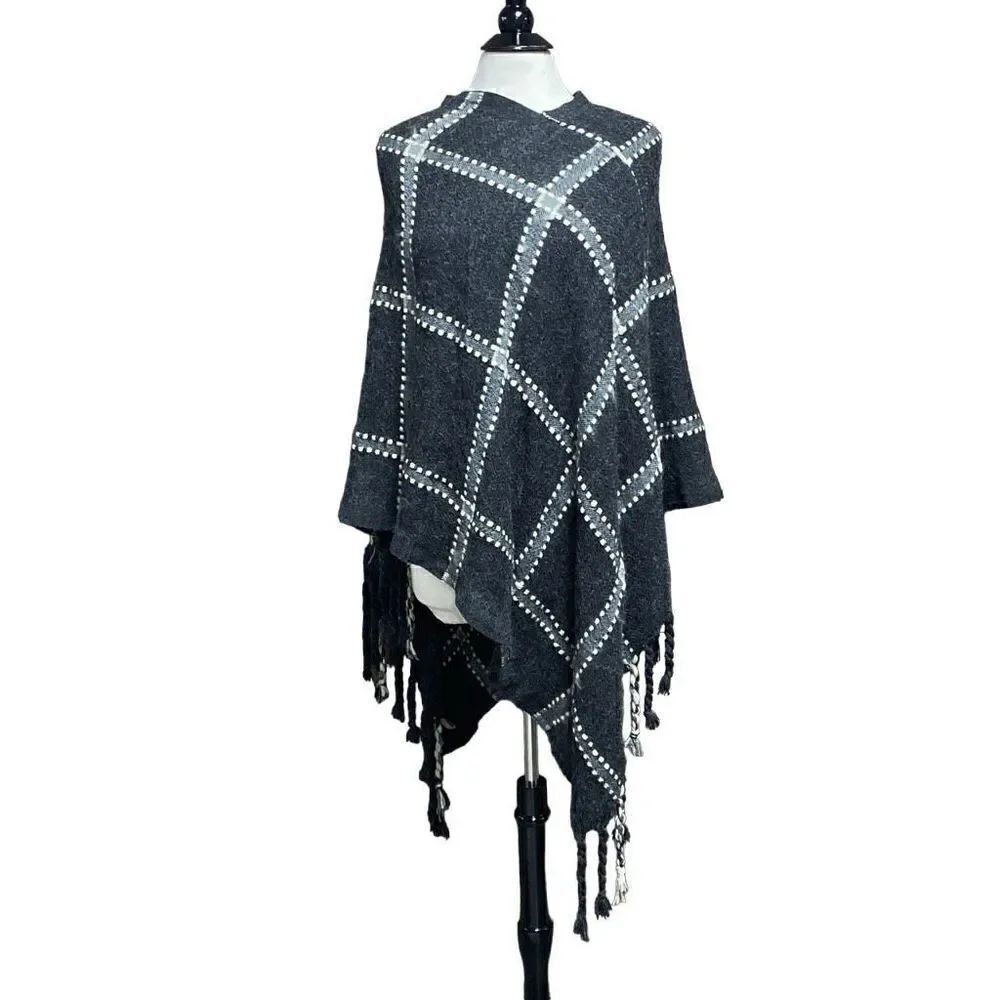 Charcoal & Cream Plaid Fringe Poncho Cape One Size